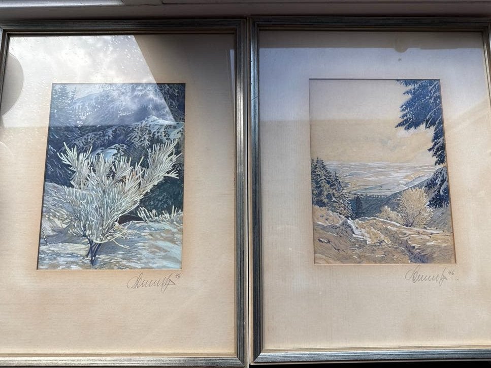 Twee ingelijste winterlandschappen, gesigneerd 'Schmid??, Achter glas, Realistisch, Ophalen of Verzenden, Landschap