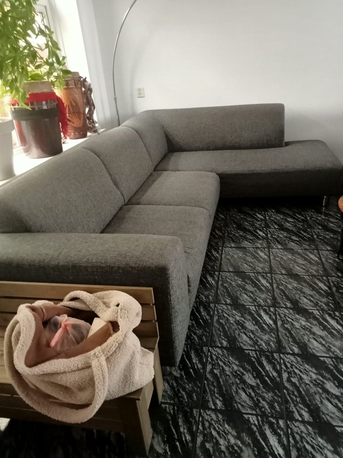 Antraciet hoekbank met loungegedeelte rechts (3x2m), Ophalen, 250 tot 300 cm, Gebruikt, Hoekbank