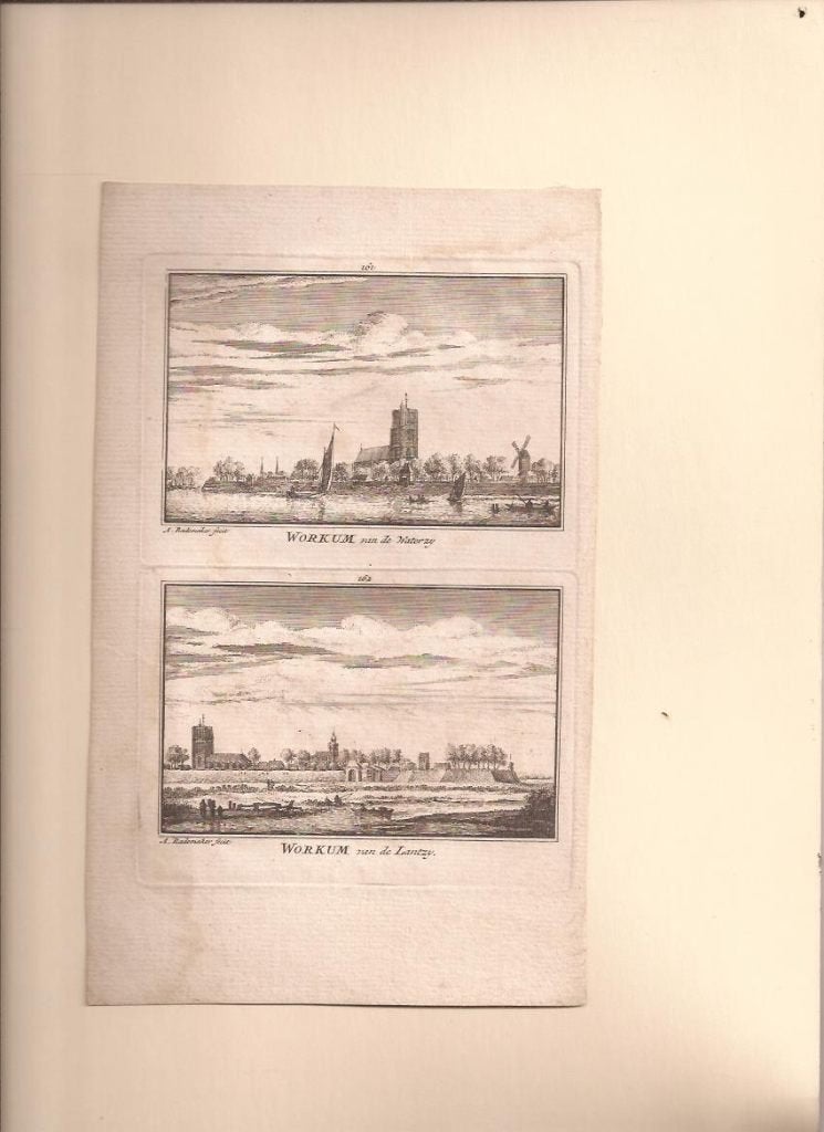 Woudrichem.Workum 2x aanzicht op blad.Kopergr. Abr.Rademaker, 7 cm, Stadsgezicht, Met tekst, Ophalen of Verzenden
