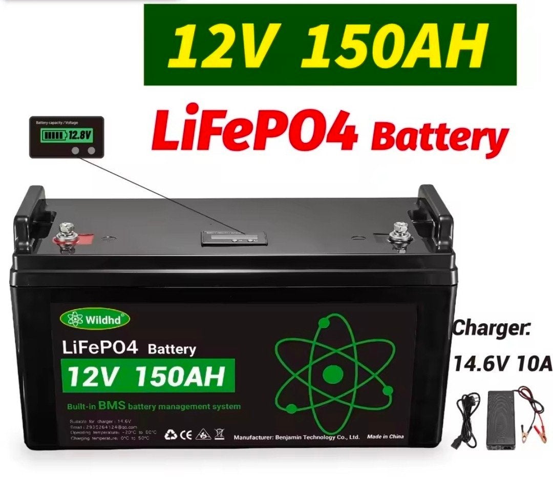 NIEUW 12V 150AH LiFePO4 Accu met BMS en Oplader, Ophalen of Verzenden, Nieuw