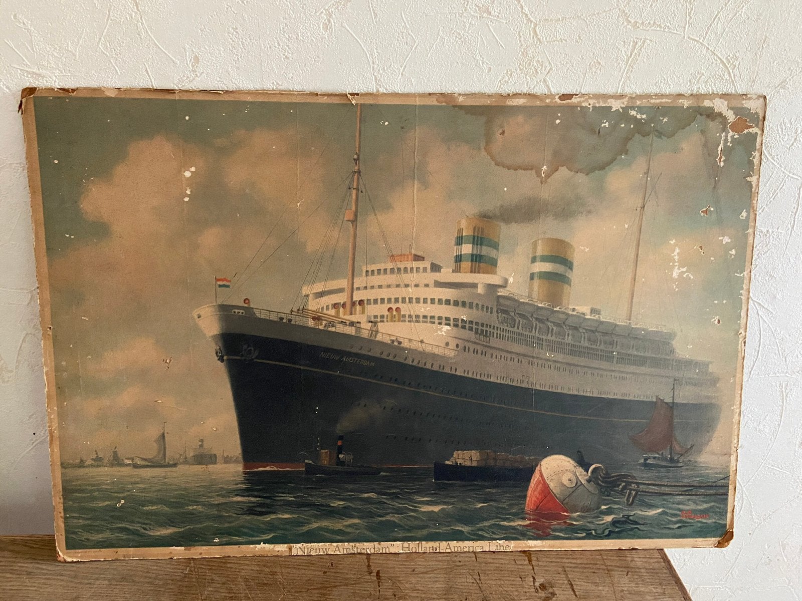 Antieke school prent v Nieuw Amsterdam schip boot schilderij, Ophalen of Verzenden