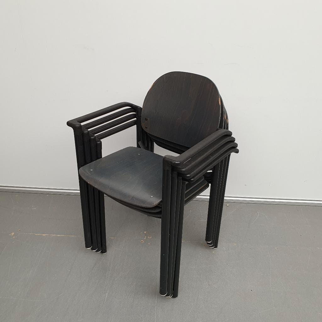 4x houten kantine stoelen / stapelstoelen met stalen frame, Huis en Inrichting, Stoelen, Ophalen, Gebruikt, Kunststof, Vier