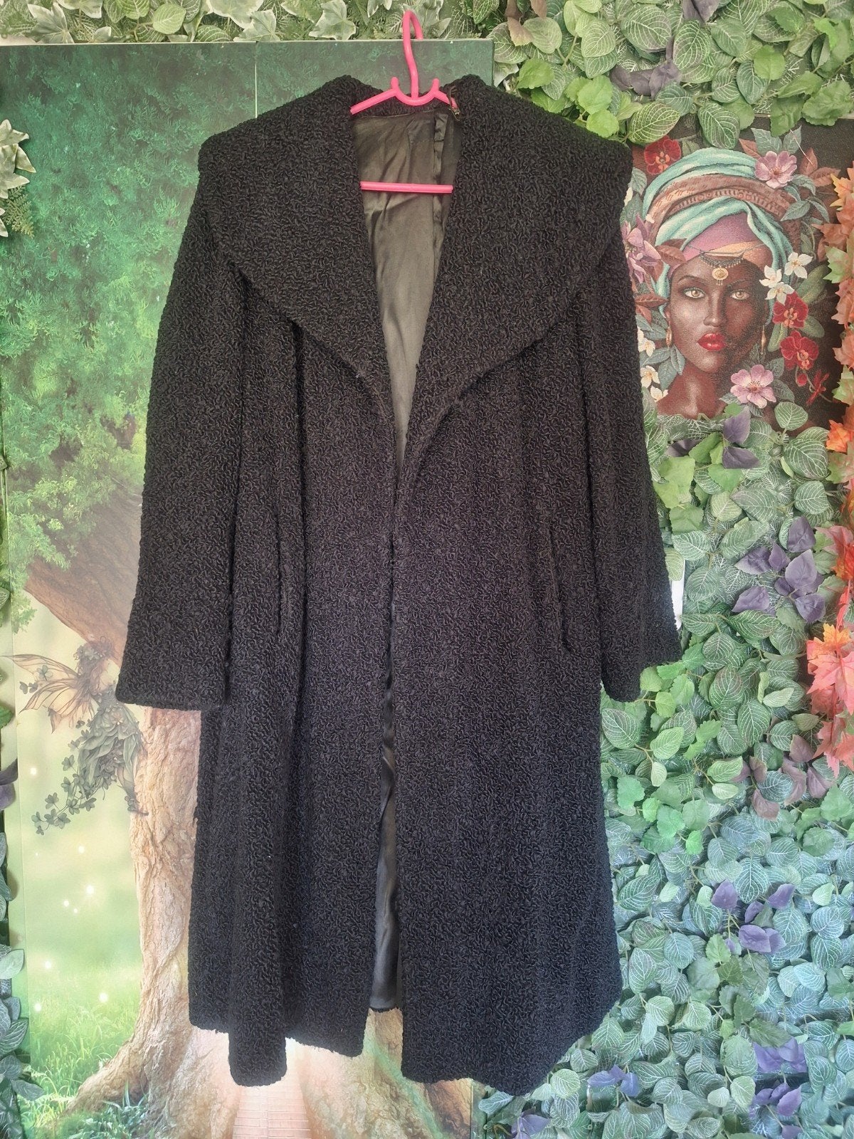 Zwarte Bouclé Jas - Elegant vintage Lange Winterjas, Ophalen, Zwart, Maat 46/48 (XL) of groter, Lamb-kinOnbekend
