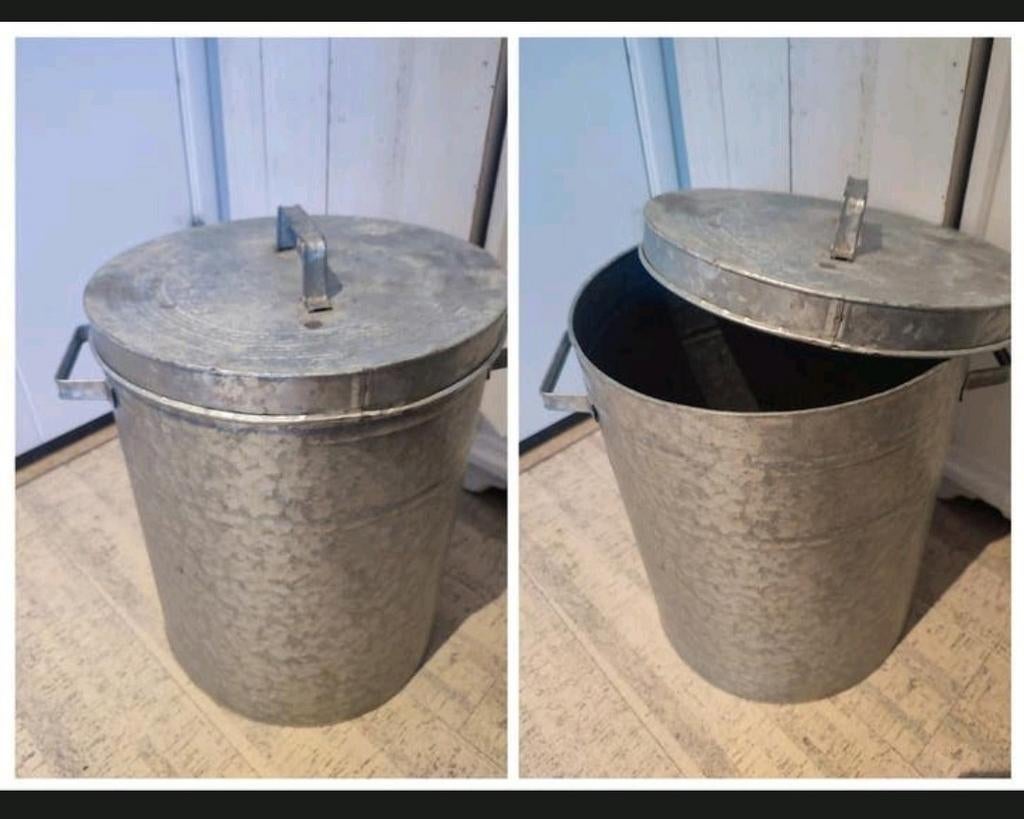 Brocante zinken emmer met deksel, 35 cm hoog, Ophalen of Verzenden, Kunststof, Met deksel