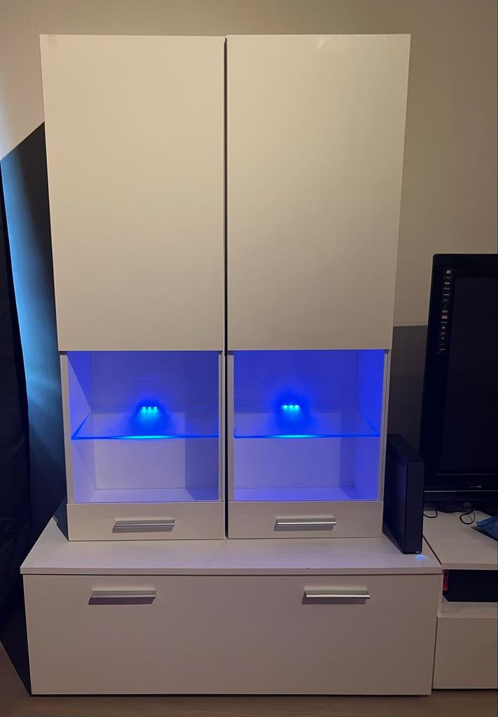 Witte TV-meubel met hangkasten en LED-verlichting, Ophalen, Gebruikt, 50 tot 100 cm, Minder dan 100 cm