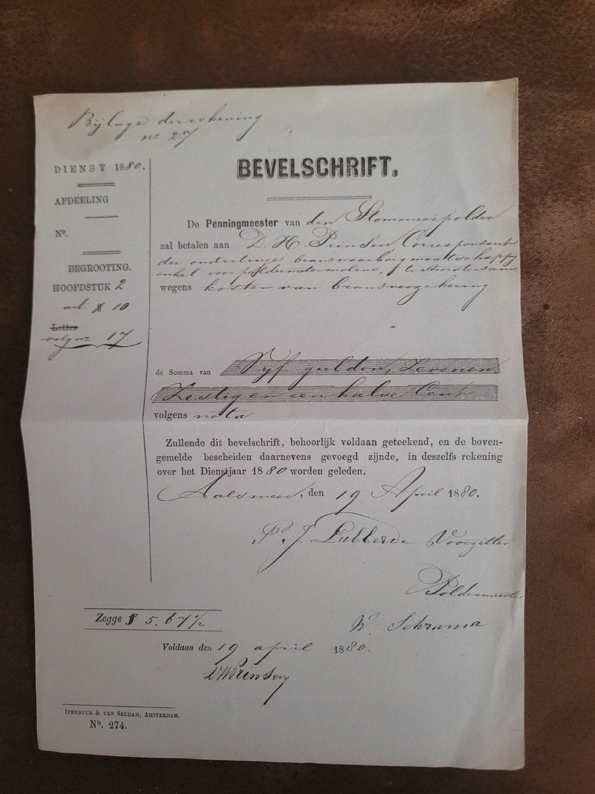 Bevelschrift verzekering Stommeerpolder bij Aalsmeer 1880, Ophalen of Verzenden, Voor 1920, Overige typen