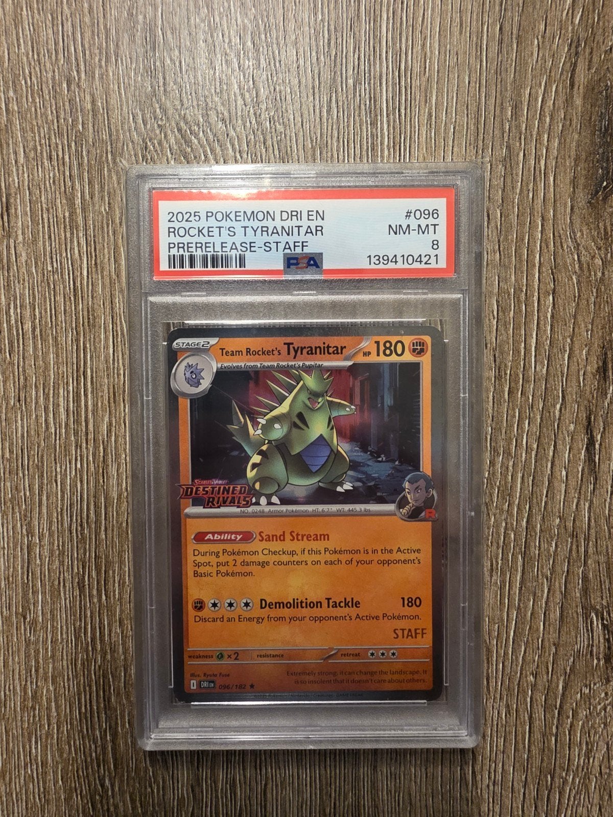 Rocket's Tyranitar Prerelease STAFF #096 PSA8, Ophalen of Verzenden, Zo goed als nieuw