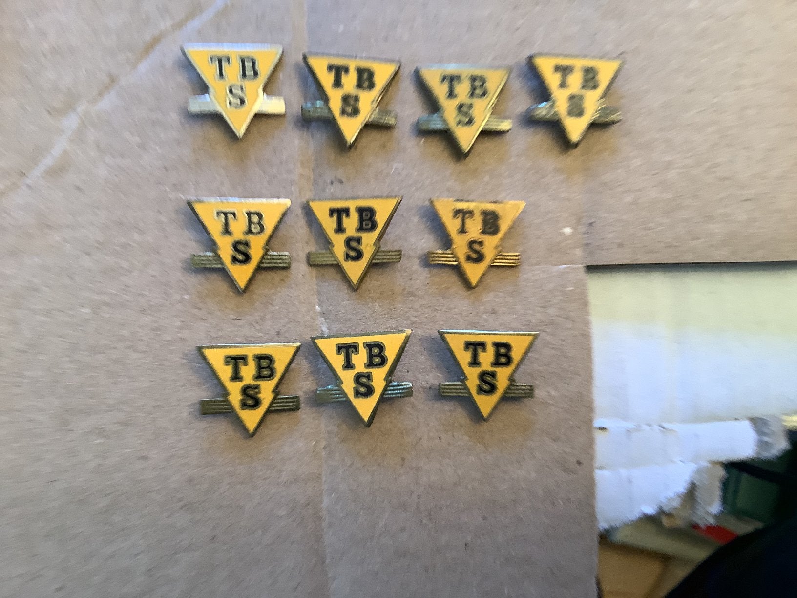 10 emaille speldjes TBS, Verzamelen, Ophalen of Verzenden, Gebruikt, Overige onderwerpen
