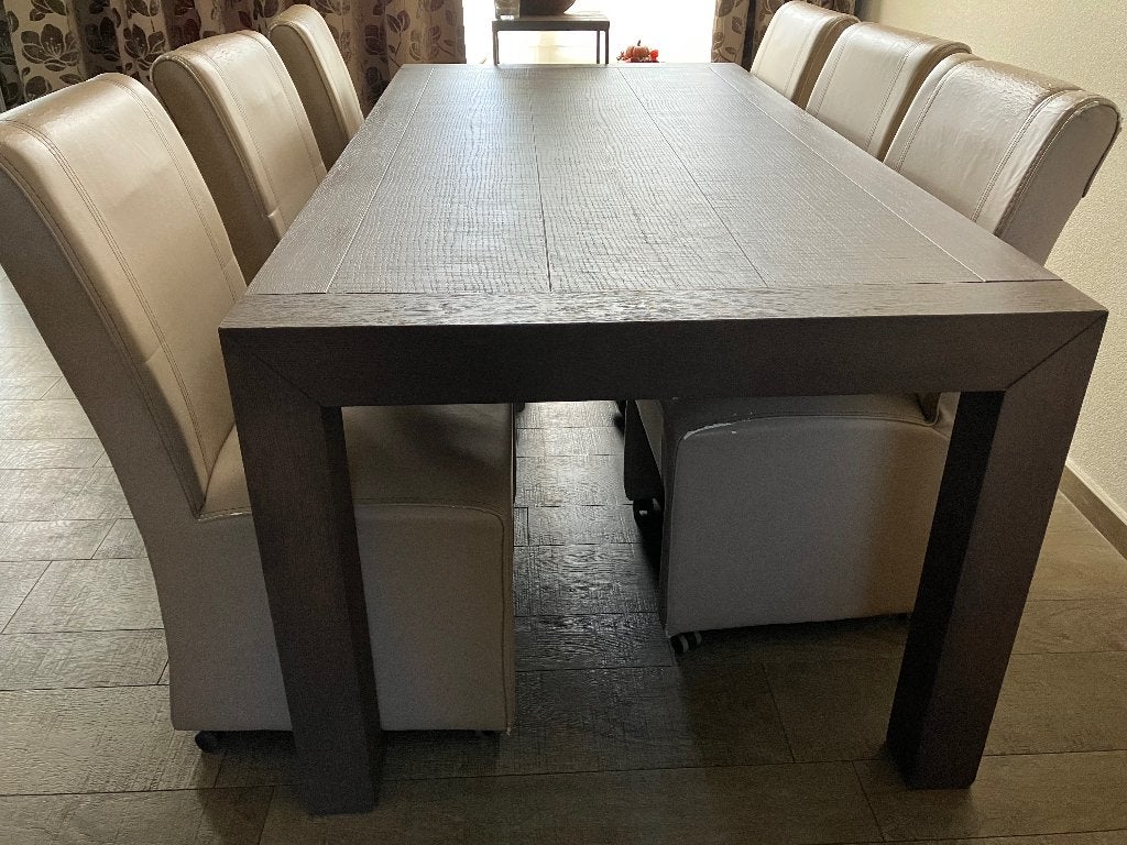 Eetkamertafel 2 x 1 meter met 6 stoelen op wieltjes, Ophalen, Gebruikt, 200 cm of meer, 50 tot 100 cm