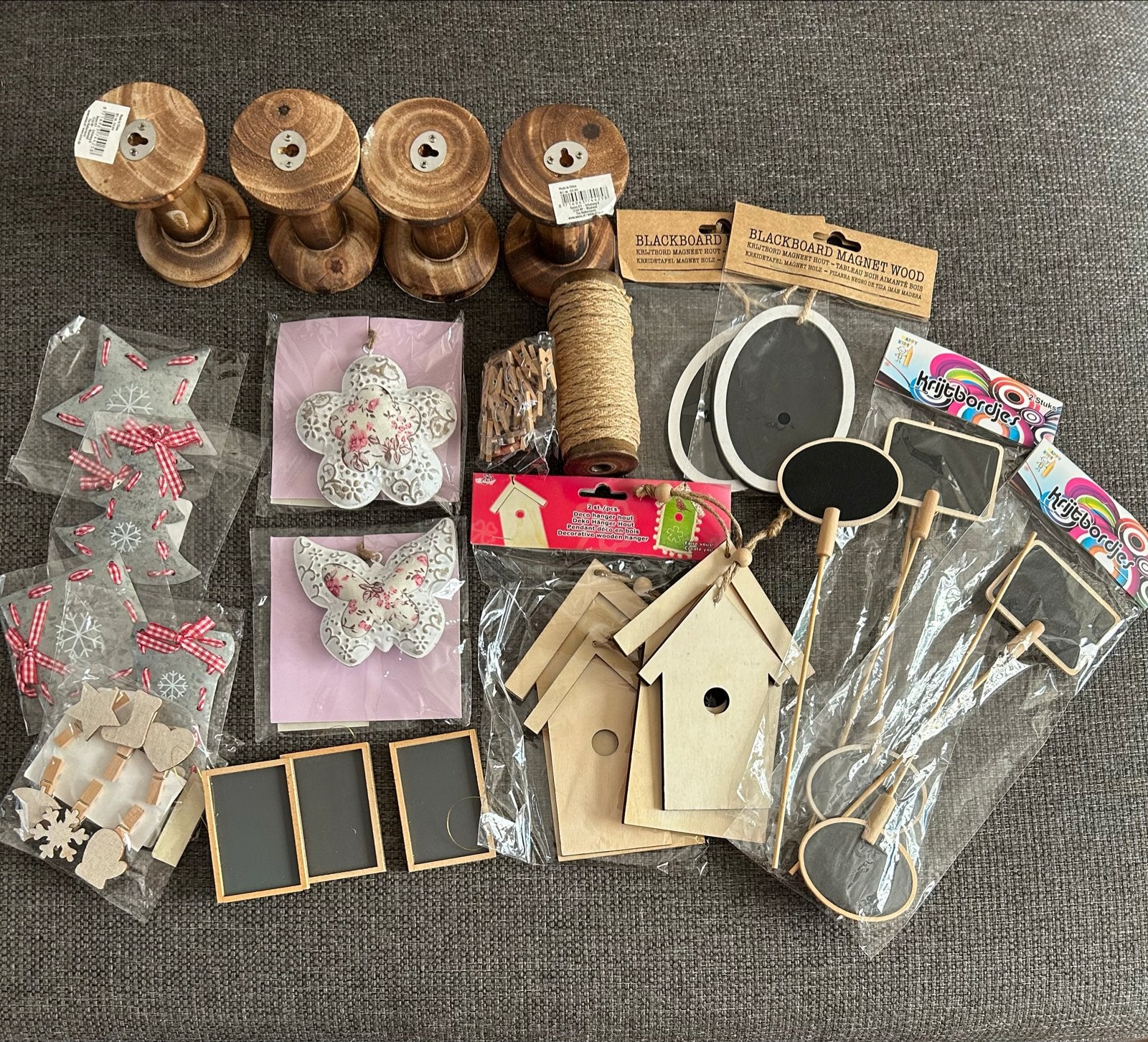 Knutselpakket: krijtbordjes, spindels, decoratie ornamenten, Zwart, Nieuw, Hout, Ophalen of Verzenden
