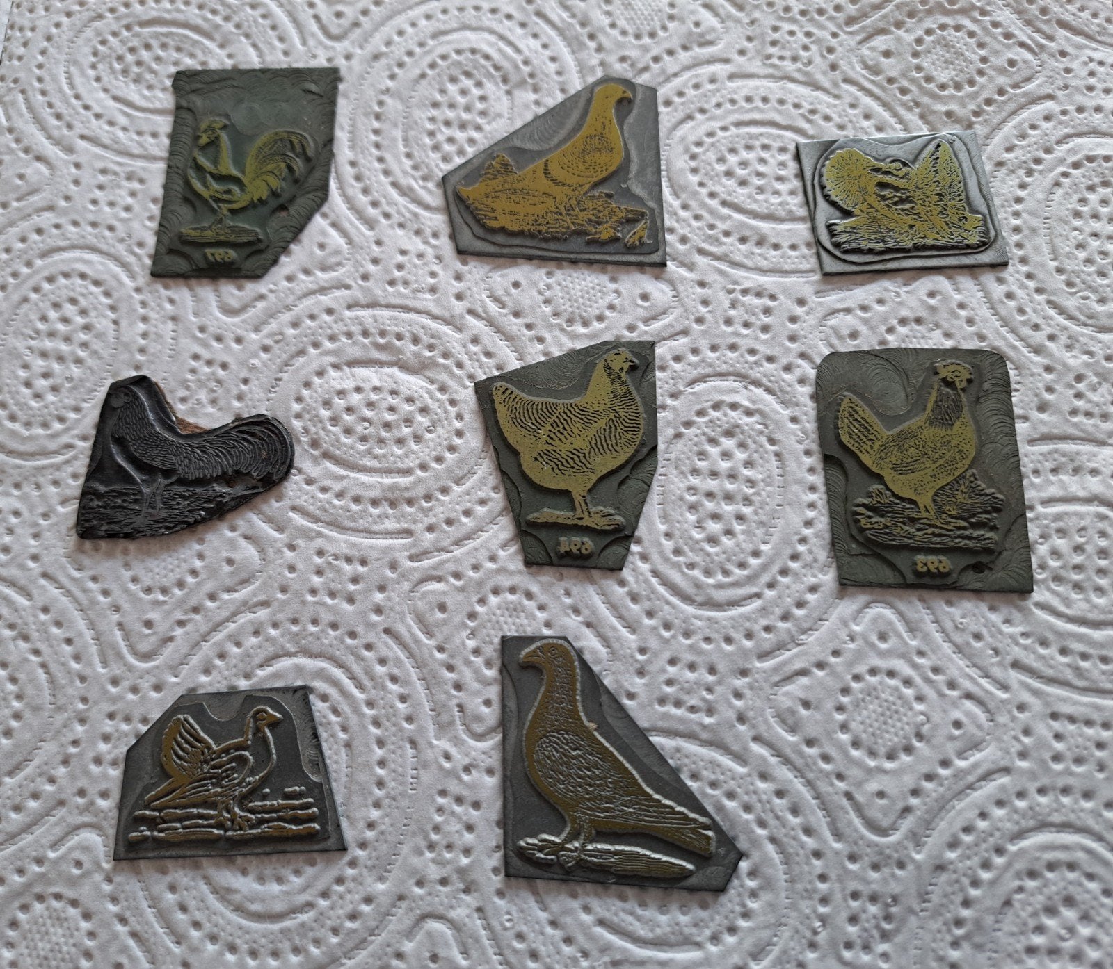 Antieke clichés van kippen en duiven, Antiek en Kunst, Ophalen of Verzenden