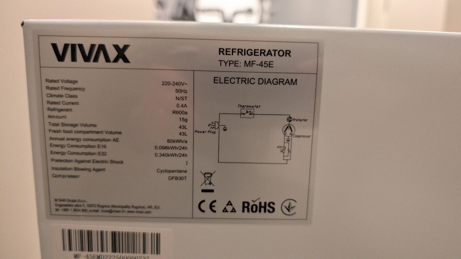 Vivax MF-45E Mini Koelkast - Zo goed als nieuw, Ophalen, Zonder vriesvak, Minder dan 45 cm, Minder dan 85 cm