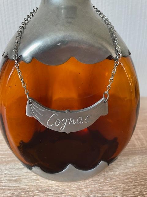 Art Nouveau amber glas en tinnen Cognac Karaf , Ophalen of Verzenden