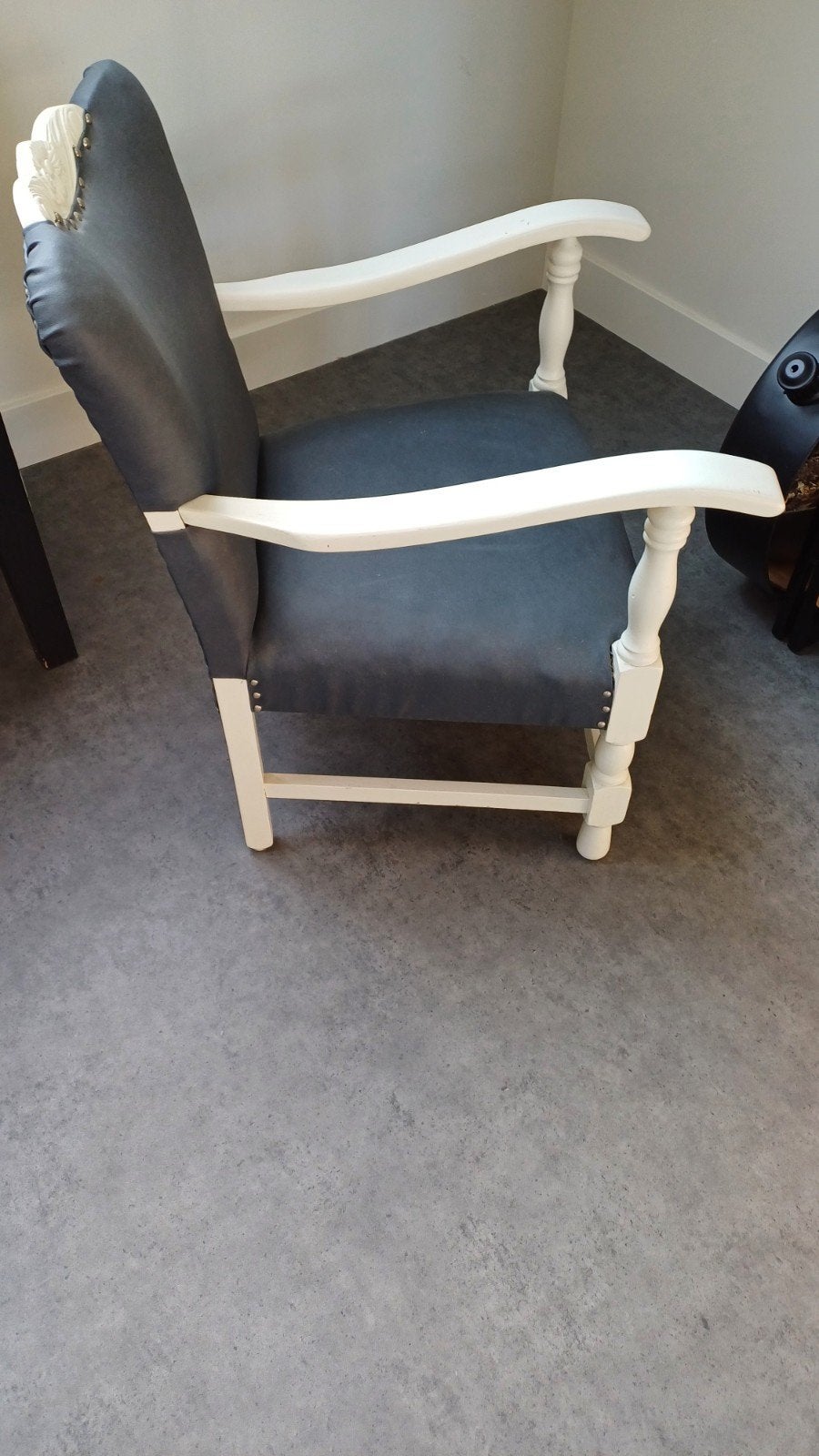 Vintage fauteuil antraciet grijs wit, Ophalen, Grijs, Stof, Eén
