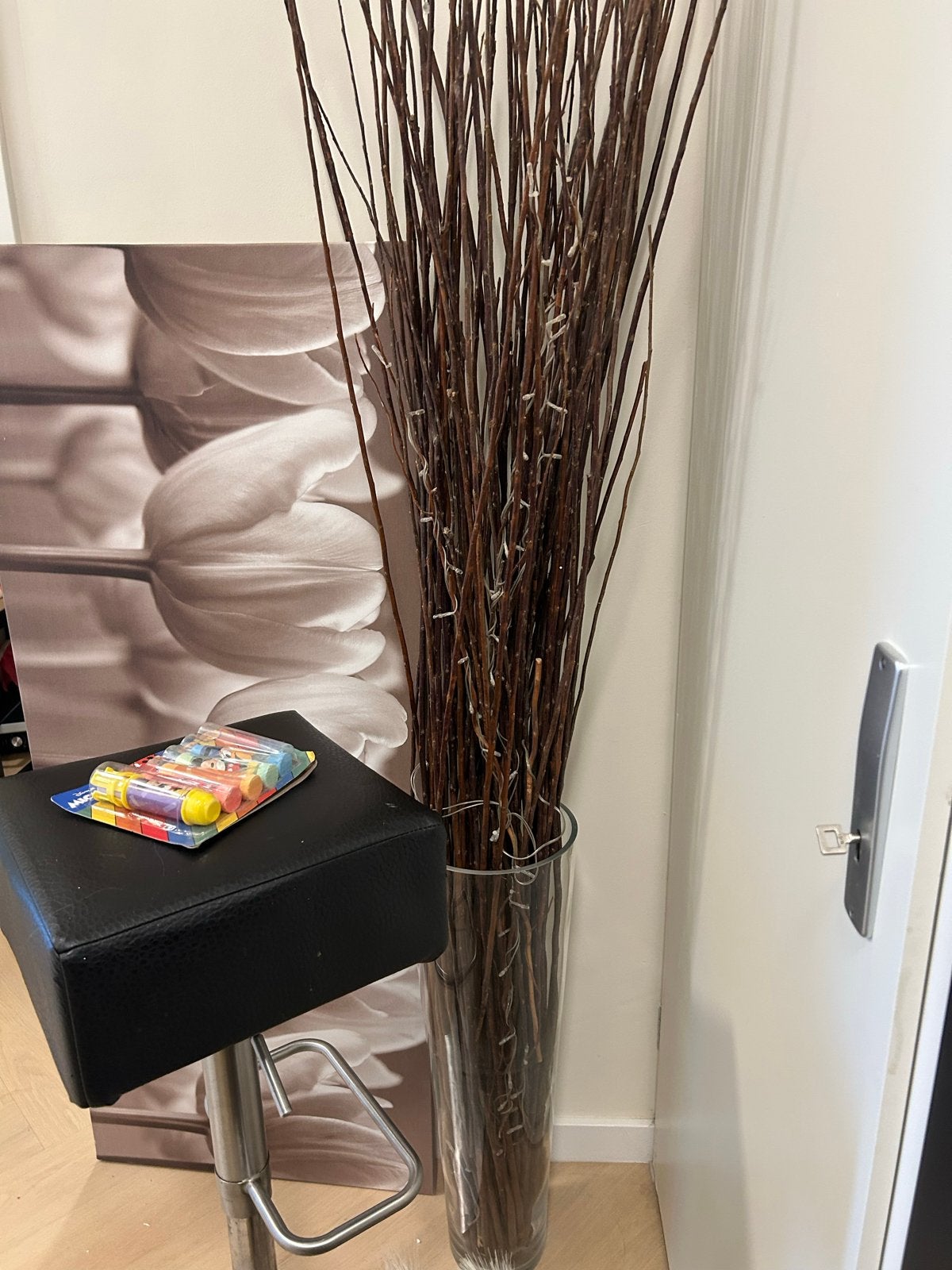 Decoratieve vaas met houten takken en lichtjes, Gebruikt, Overige kleuren, Ophalen of Verzenden, Glas