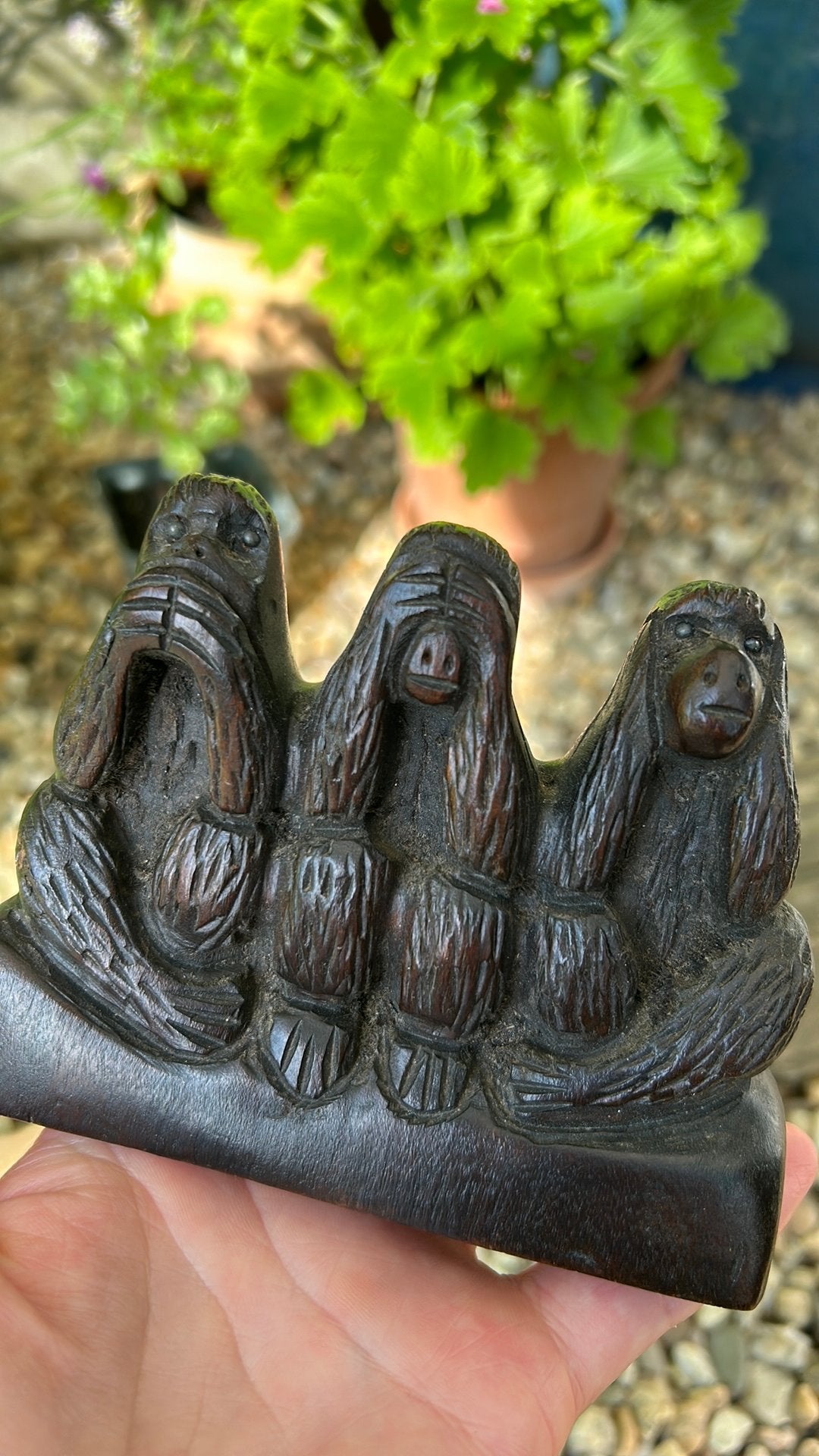 Oud houtsnijwerk beeld De Drie Wijze Apen horen zien zwijgen, Antiek en Kunst, Ophalen of Verzenden