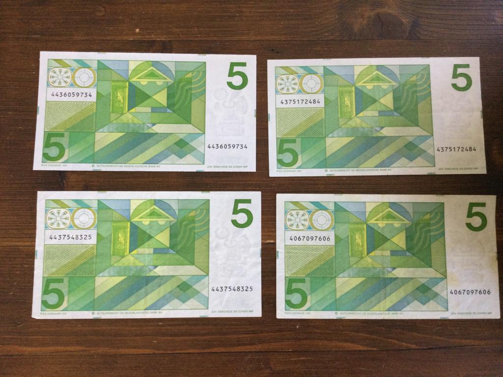 4 bankbiljetten van Vijf 5 gulden van 28 maart 1973, Ophalen of Verzenden, 5 gulden, Setje