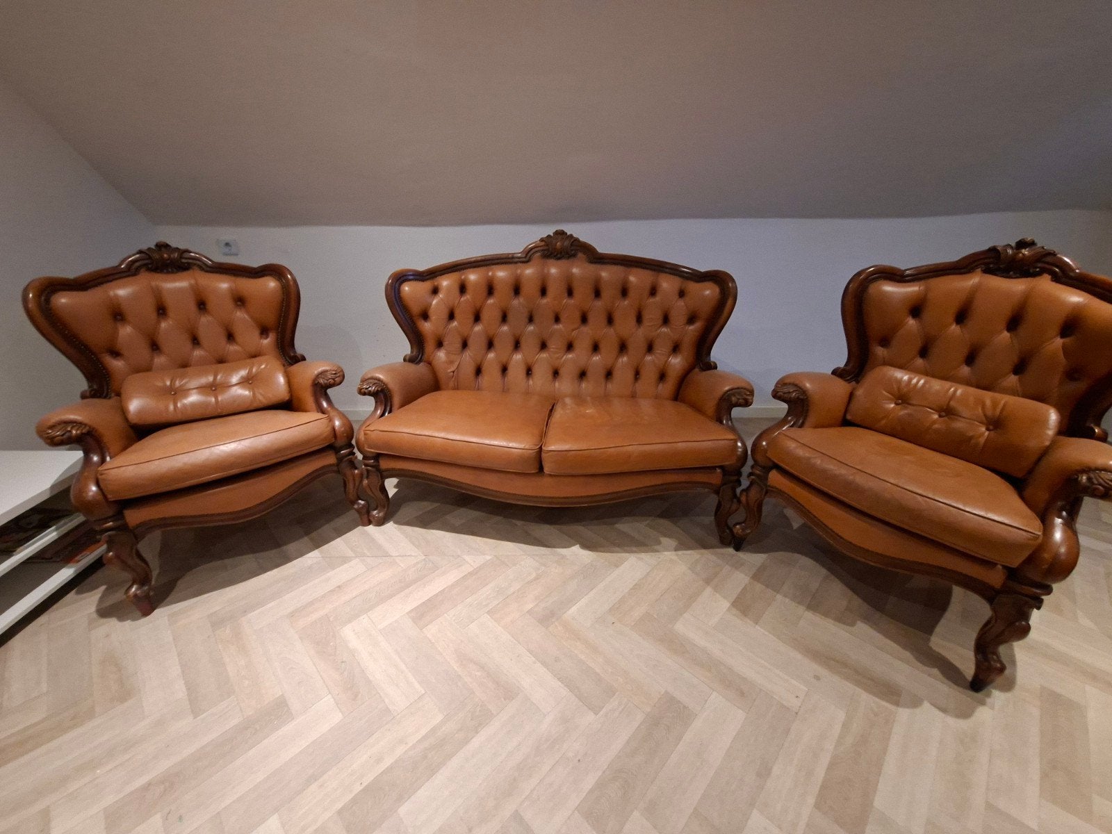 Leren bankstel - 1 bank en 2 fauteuils, Huis en Inrichting, Banken | Bankstellen, Gebruikt, Klassiek, 150 tot 200 cm, Driepersoons