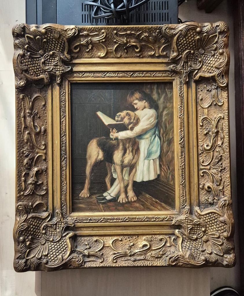 Schilderij kind met hond op paneel met lijst, Ophalen of Verzenden