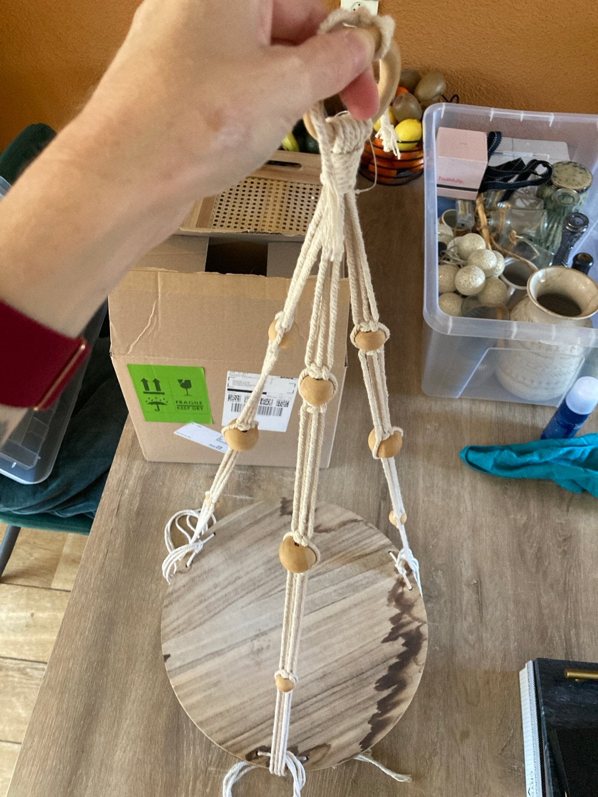 Houten plantenhanger macramé, Hout, Gebruikt, Beige, Boho