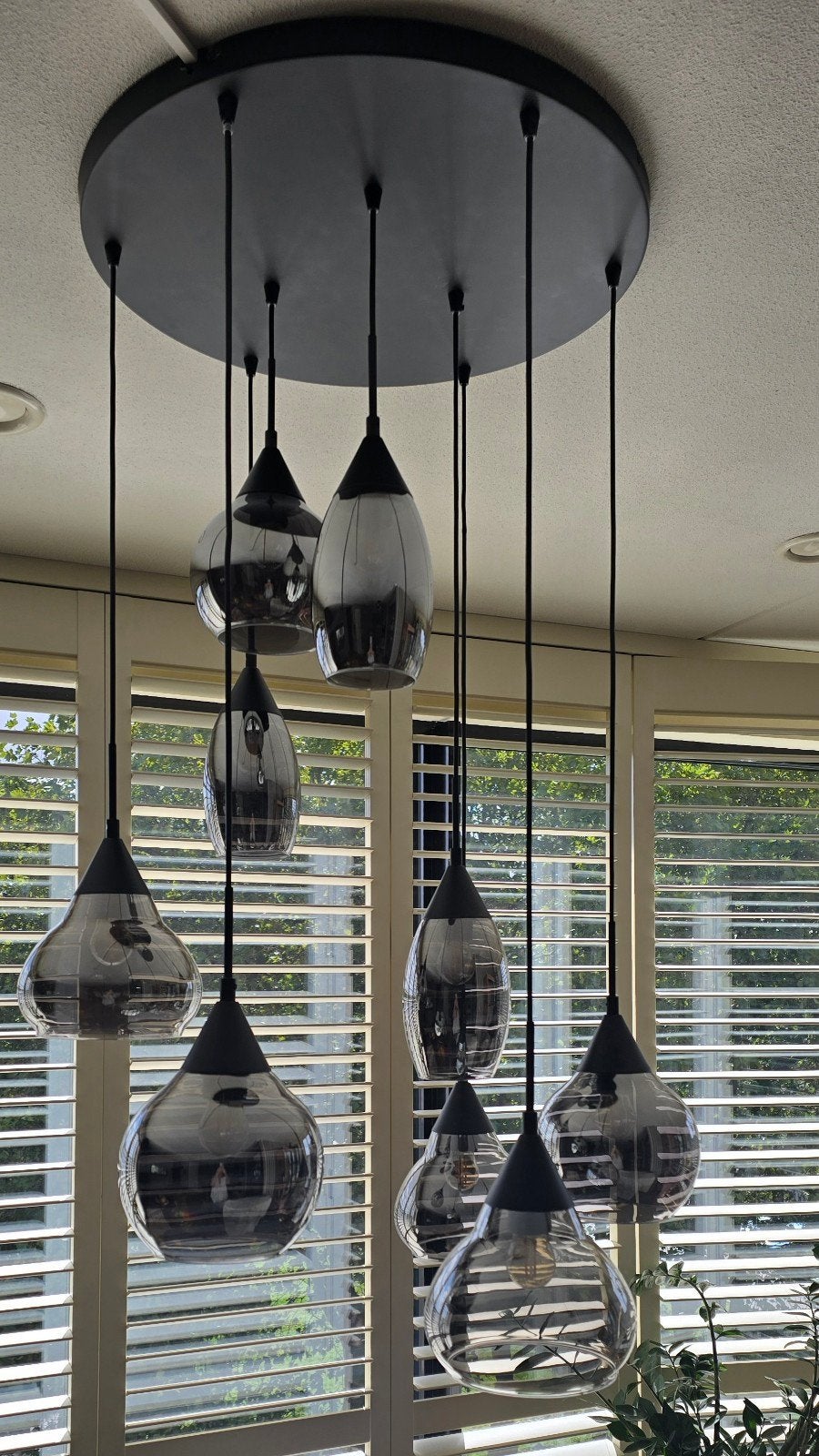 Luxe rookglazen lampenset: hanglamp, plafondlampen (3 stuks), Ophalen of Verzenden, Zo goed als nieuw, Glas, Modern, Retro, Luxe