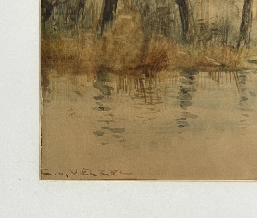 1124. Aquarel, C. van Velzen - rivierlandschap, 19e eeuw, Ophalen of Verzenden