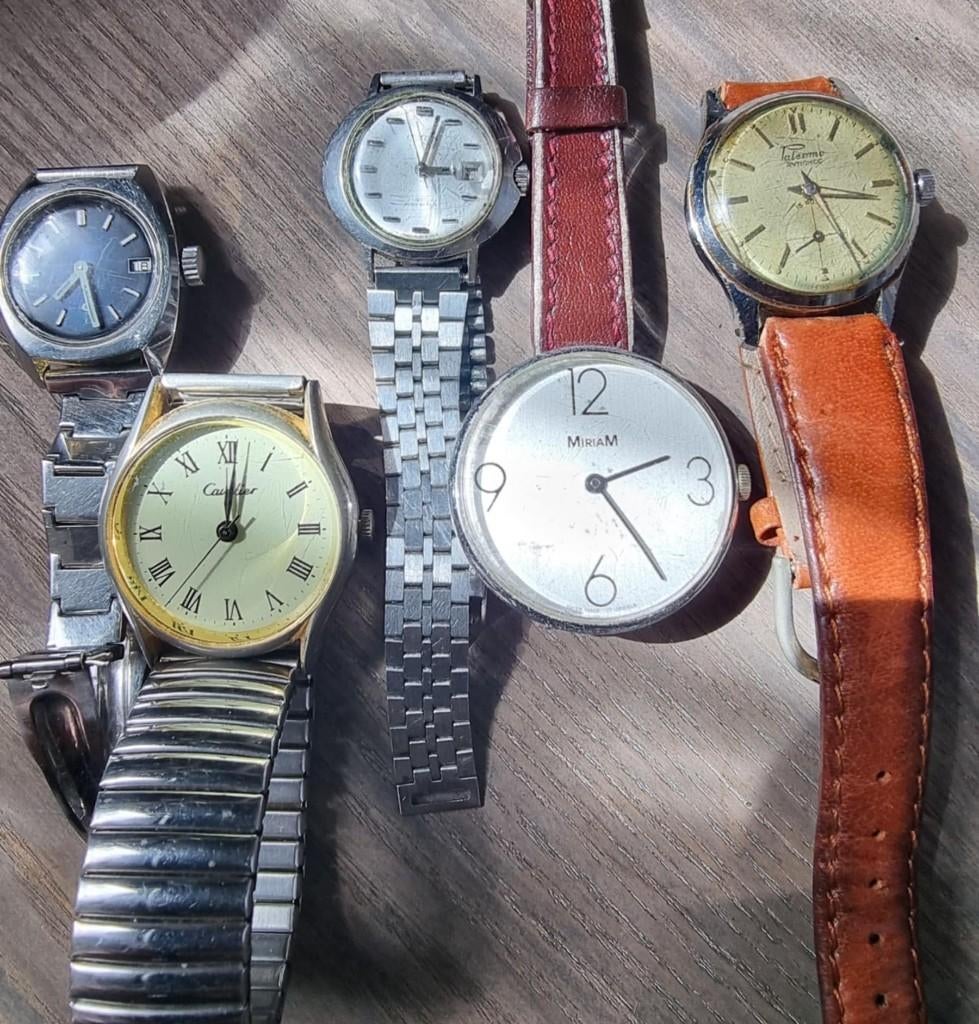 5 x Vintage handopwindbare horloges., Overige merken, Staal, Met bandje, Polshorloge