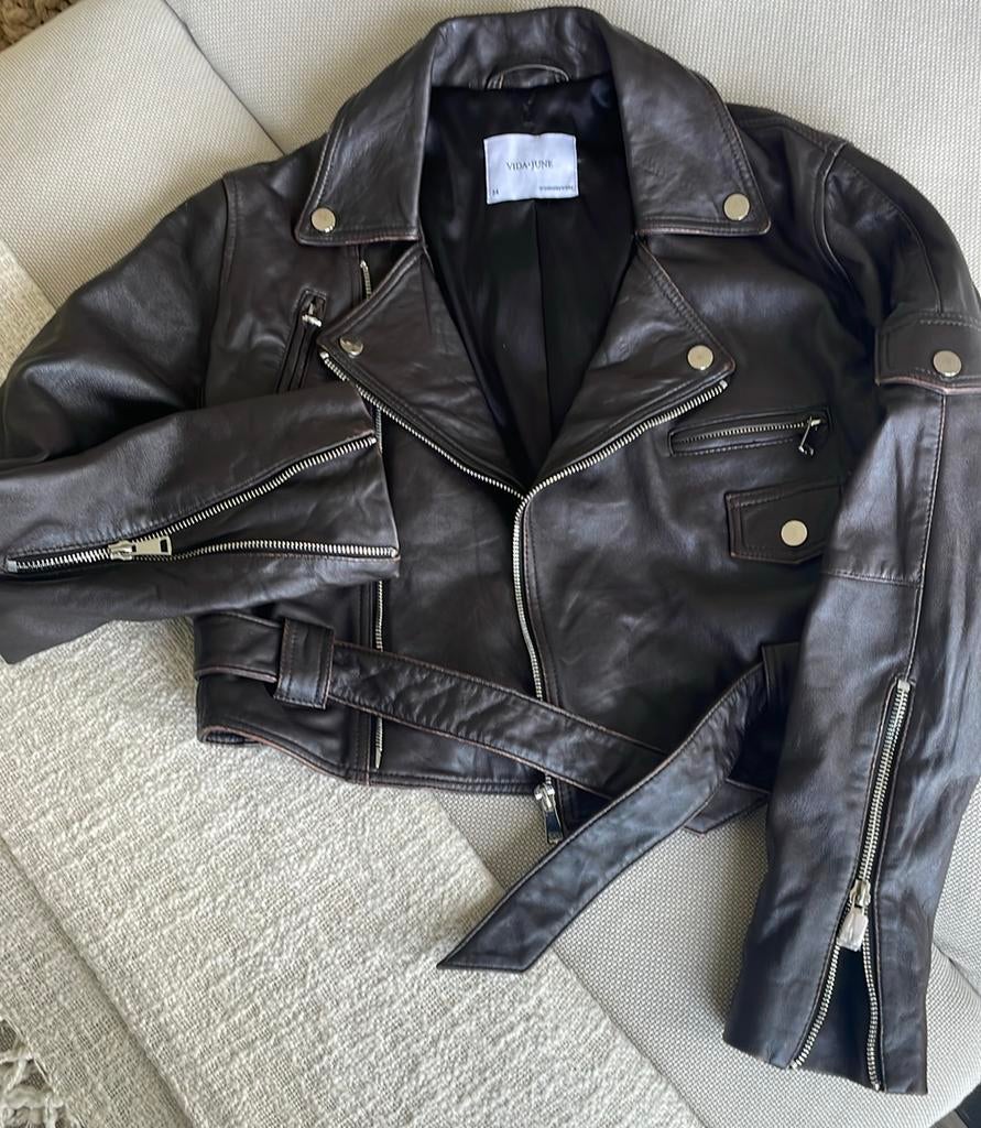 Biker leder crop jacket !!NIEUW!!, Ophalen of Verzenden, Nieuw, Maat 34 (XS) of kleiner, Bruin