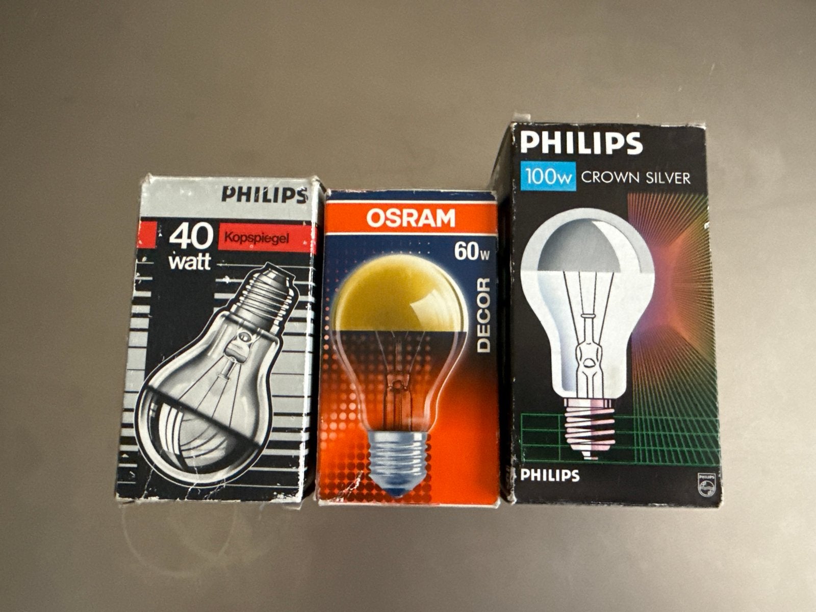 Vintage kopspiegel gloeilamp Philips en Osram 40W, 60W, 100W, Philips, Meerkleurig, Nieuw, Glas