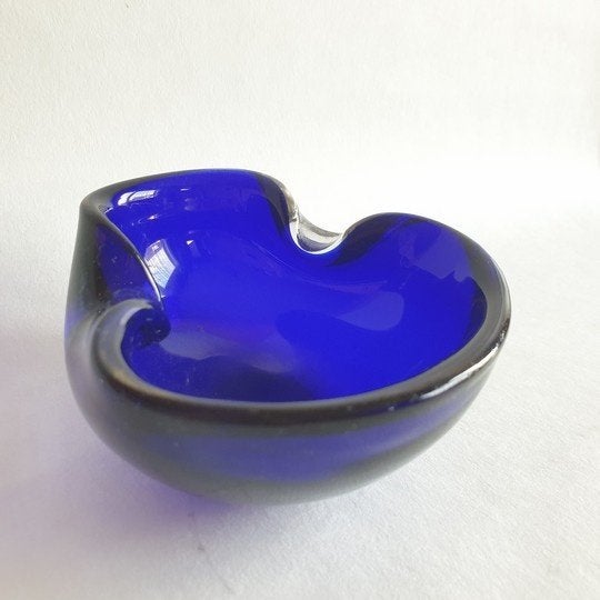 Kobalt blauwe vintage Murano glas asbak, Gebruikt, -, -, Ophalen of Verzenden