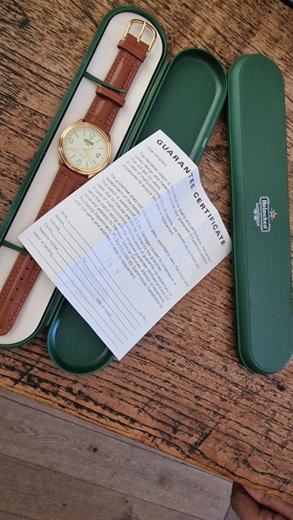 Heineken polshorloge in originele etui, Overige merken, Overige materialen, Leer, Polshorloge