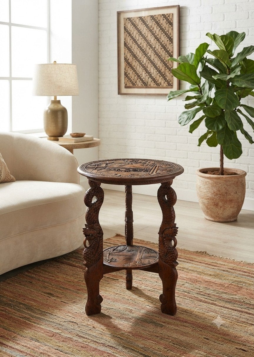 Prachtige handgegraveerde antieke Balinese houten sidetable, Ophalen