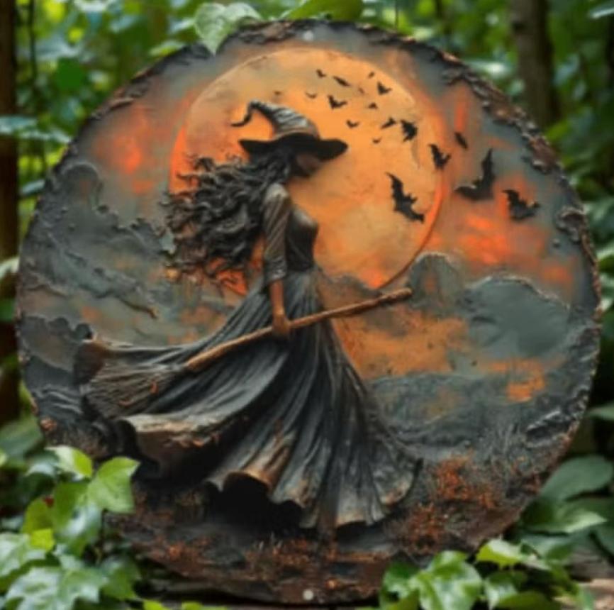 Vintage rond metalen bord Gothic Heks (20cm)