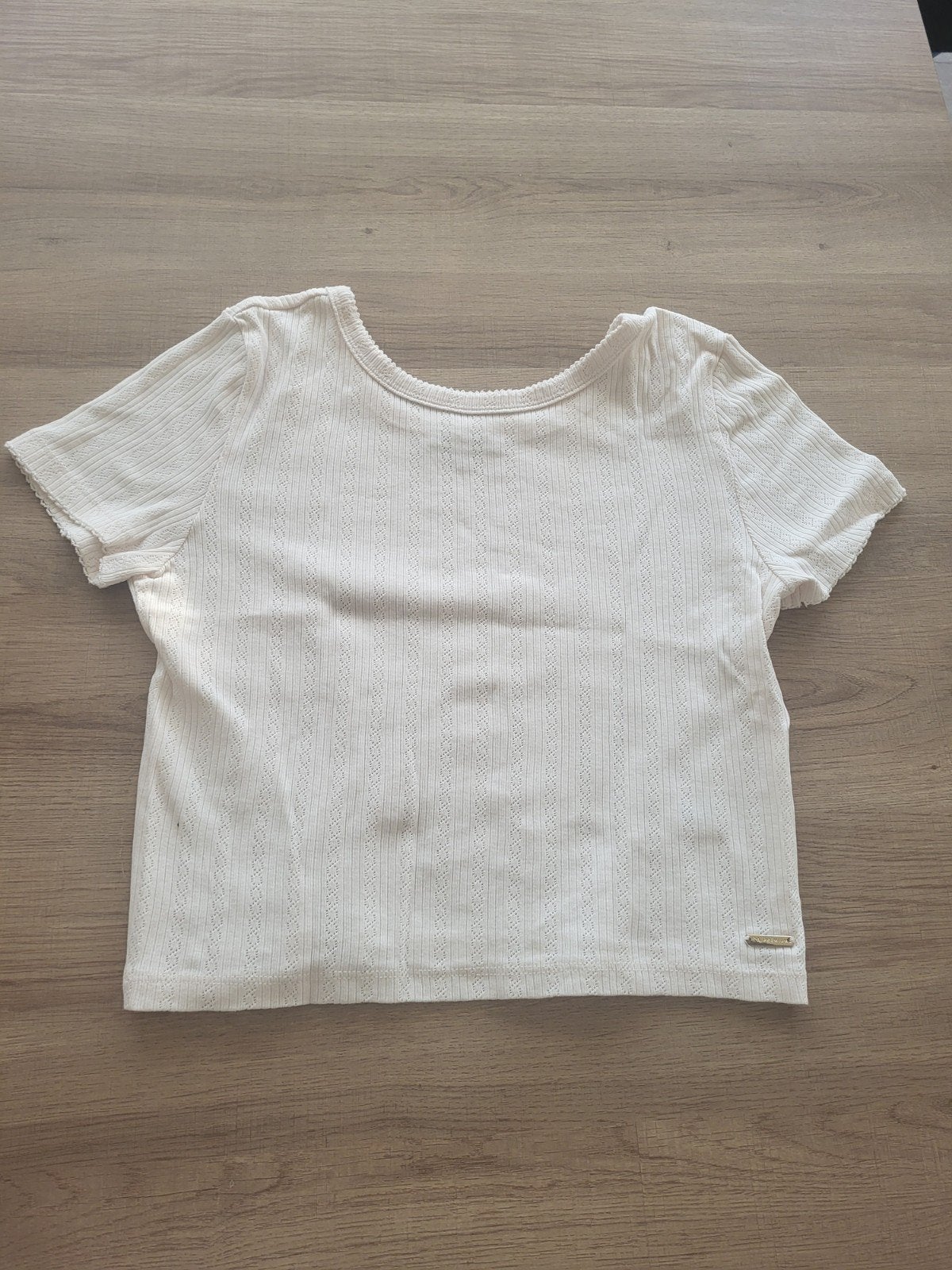 C&A Crème Ribgebreide Crop Top - Maat 152cm, Beige, Ophalen of Verzenden, Zo goed als nieuw, Korte mouw
