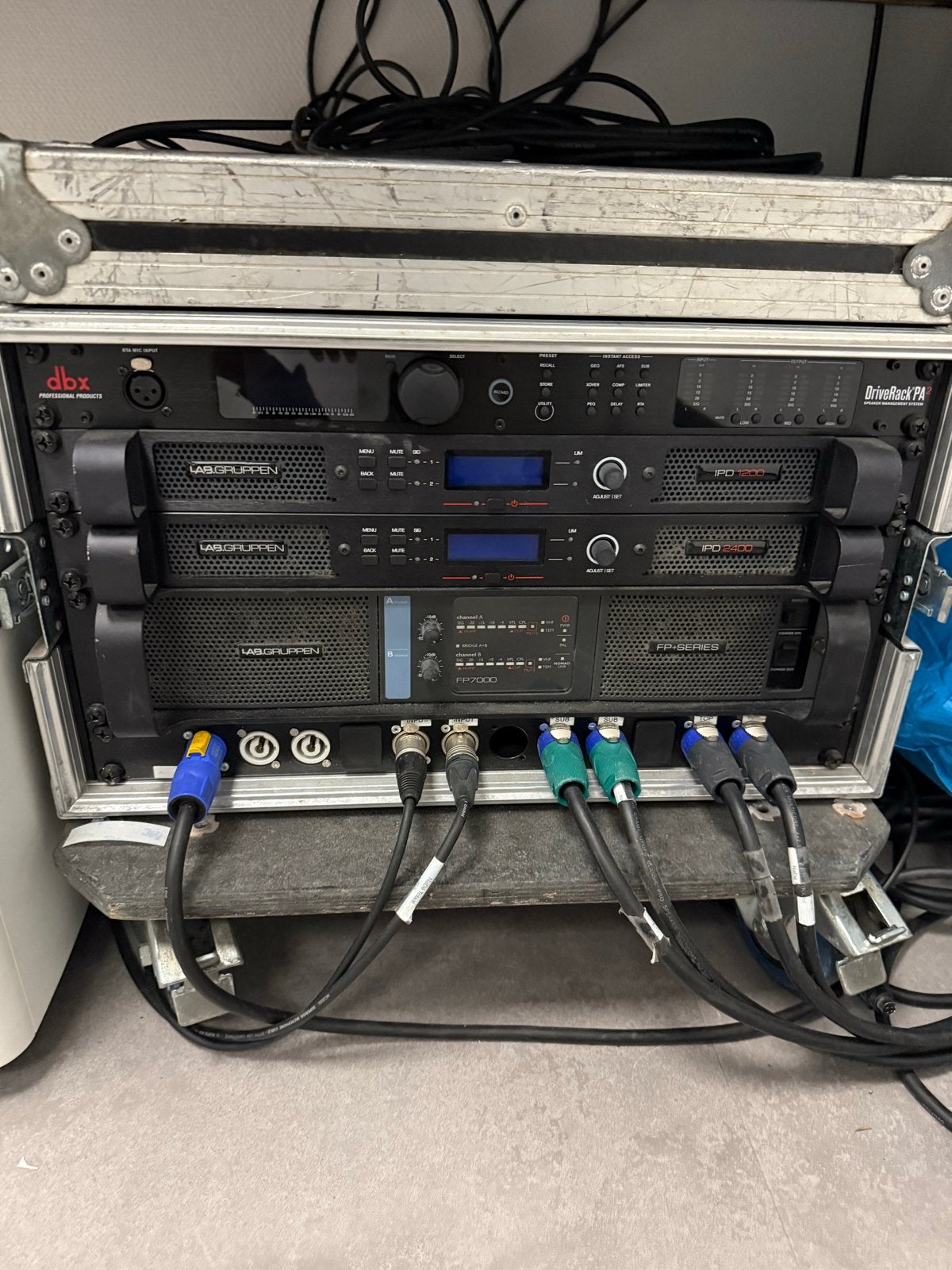 Versterkerrack met Lab Gruppen versterkers en DBX, Ophalen of Verzenden, Gebruikt, 1000 watt of meer, P.A.