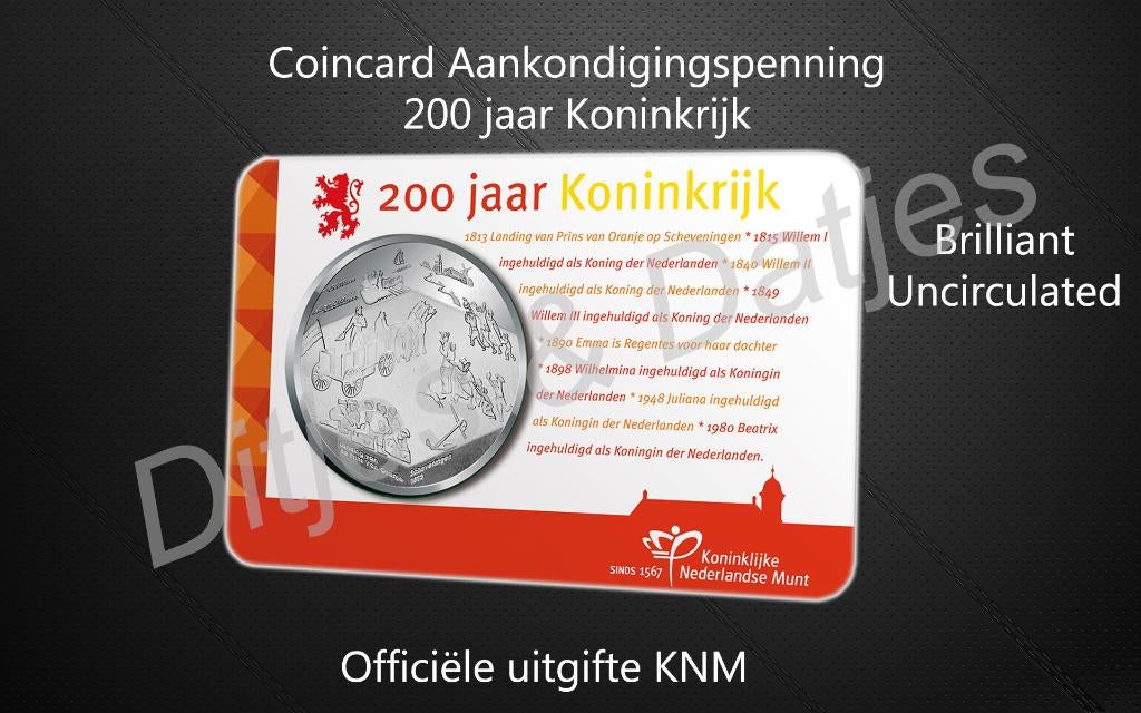Aankondigingspenning 200 jaar Koninkrijk in coincard KNM, Ophalen of Verzenden, Overige materialen