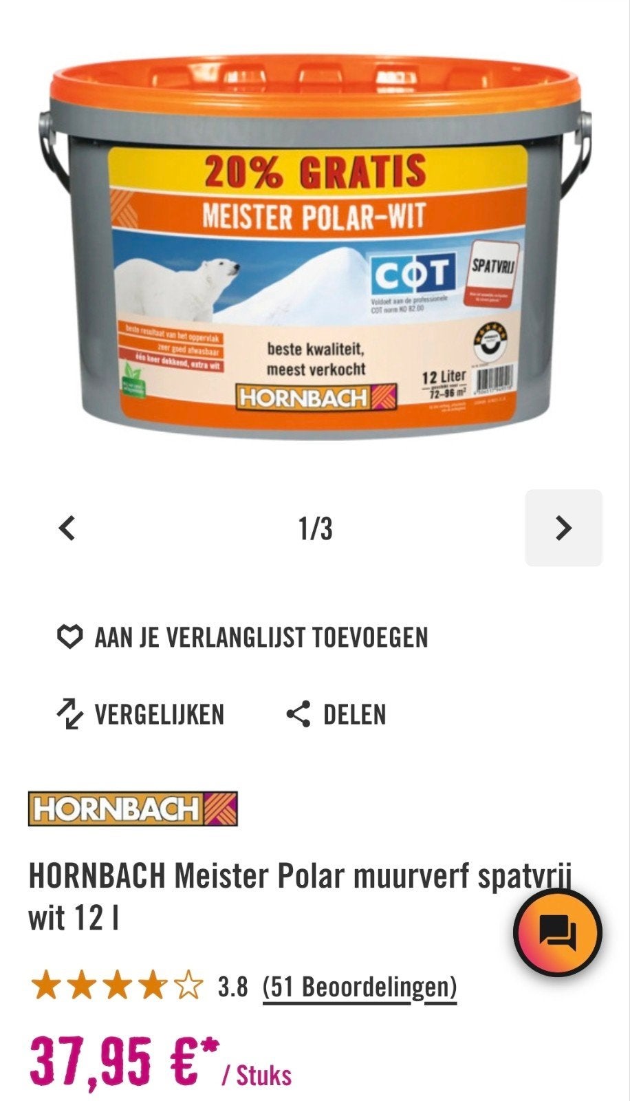 HORNBACH Meister Polar muurverf wit 12L (70-80% vol), Doe-het-zelf en Verbouw, Ophalen