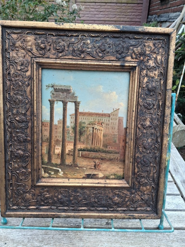 Olieverf op paneel: Stadsgezicht Rome in sierlijst, Antiek en Kunst, Paneel, Realistisch, Bijzondere lijst, Ophalen of Verzenden
