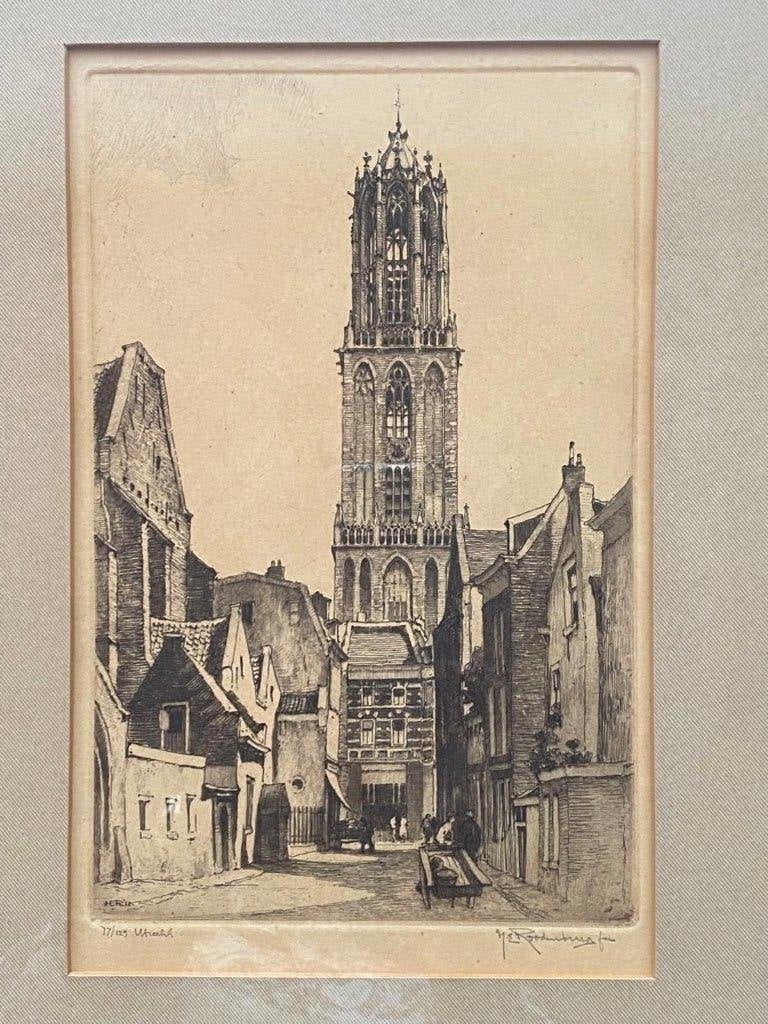 Prachtige ets de Domtoren Utrecht - H. E. Roodenburg, Antiek en Kunst, Ophalen of Verzenden