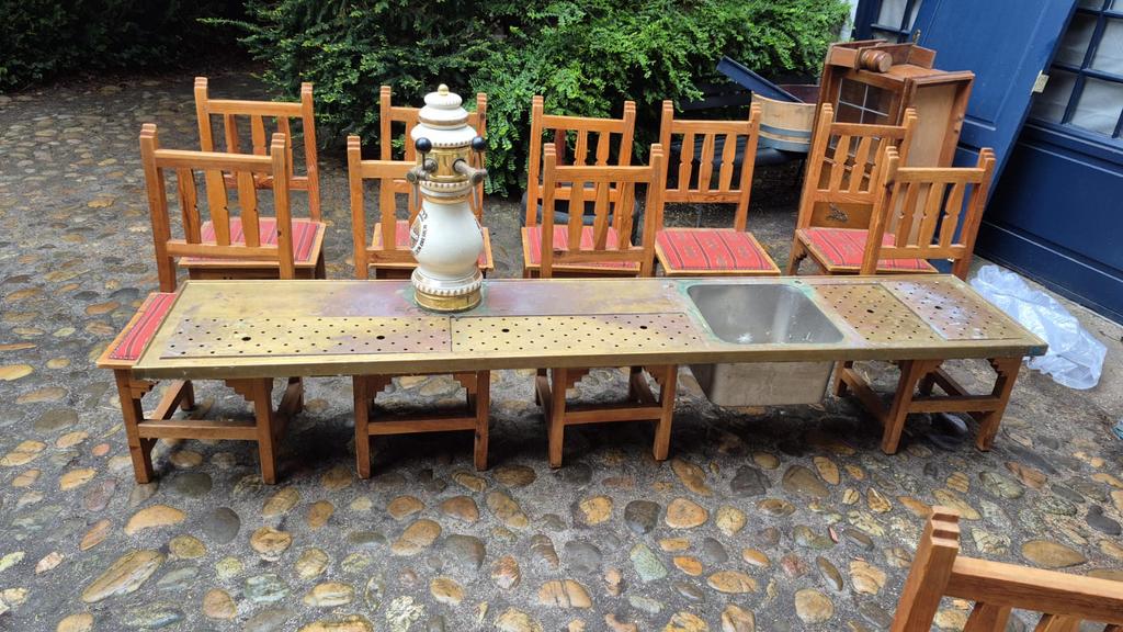 Warsteiner bierpomp met dubbele tap + groot koperen barblad, Verzamelen, Biermerken, Ophalen, Gebruikt, Overige merken