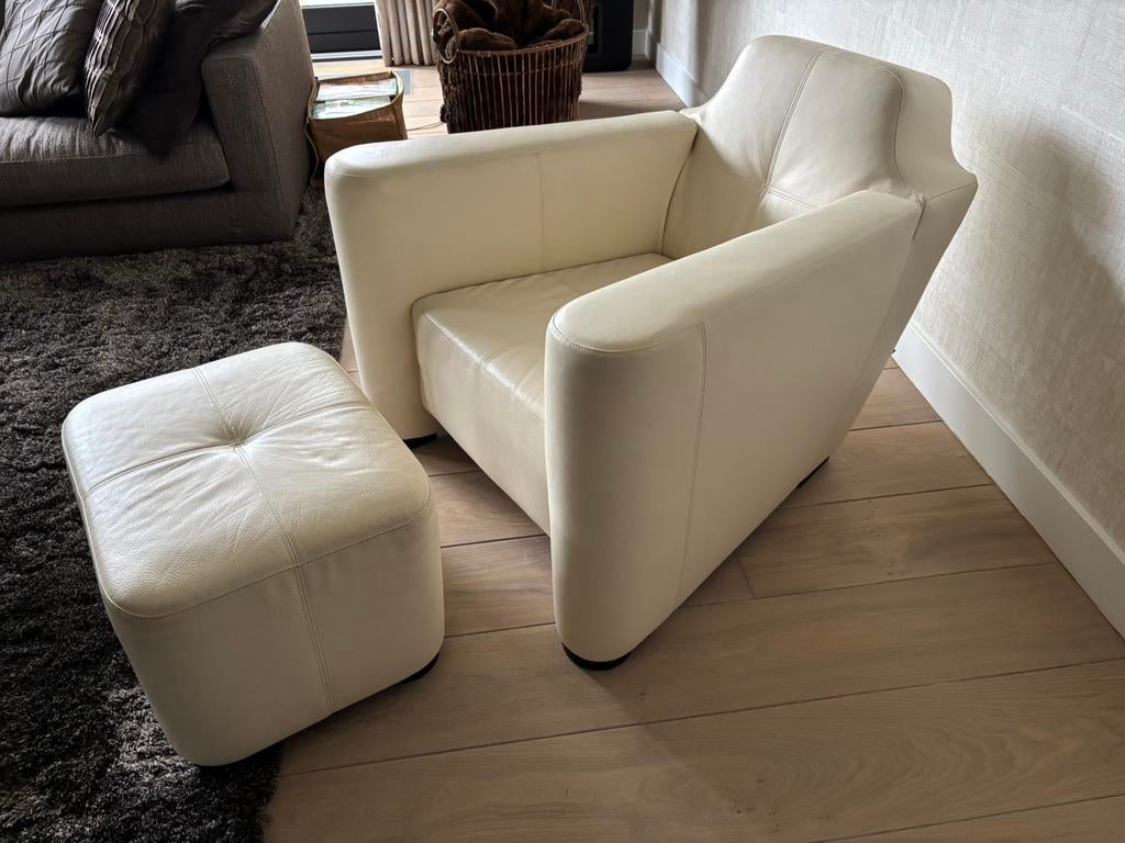 Prachtige creme / witte leren fauteuil van Linteloo., Huis en Inrichting, Ophalen, 100 tot 125 cm, Leer, Zo goed als nieuw
