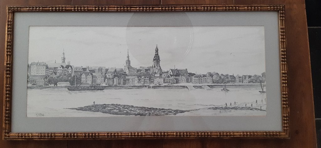 tekening Waalkade Nijmegen, Ophalen, Tekening, Potloodtekening, Handgemaakt