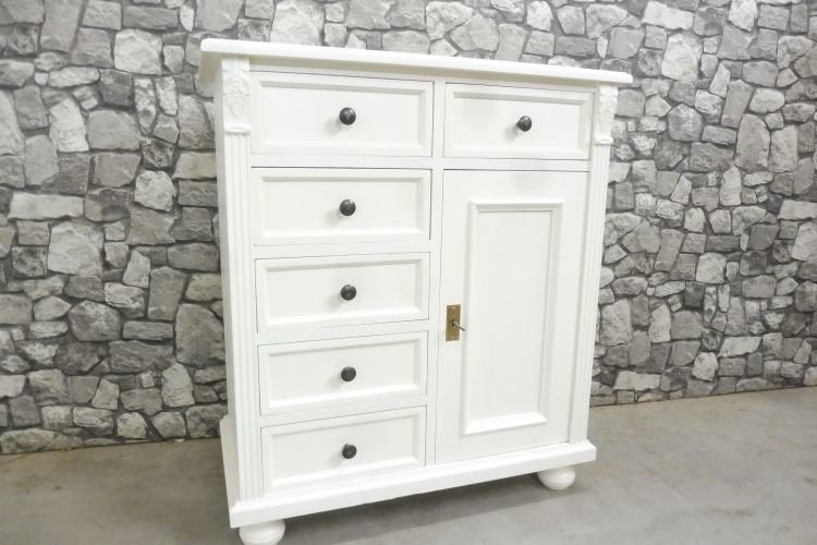 Commode Dressoir Ladekast in wit grenen hout landelijk, 5 laden of meer, Minder dan 100 cm, Grenenhout, 25 tot 50 cm