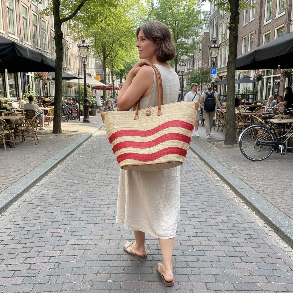 Authentieke Franse Markt-/Strandtas met Bretonse Strepen, Ophalen of Verzenden, Gebruikt, Beige, Shopper