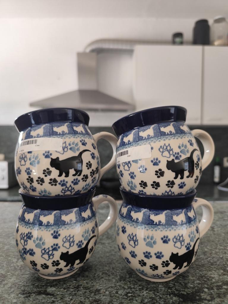 4 Bolesławiec Keramische Mokken met Kattenontwerp - 300ml, Keramiek, Ophalen of Verzenden, Zo goed als nieuw, Overige stijlen