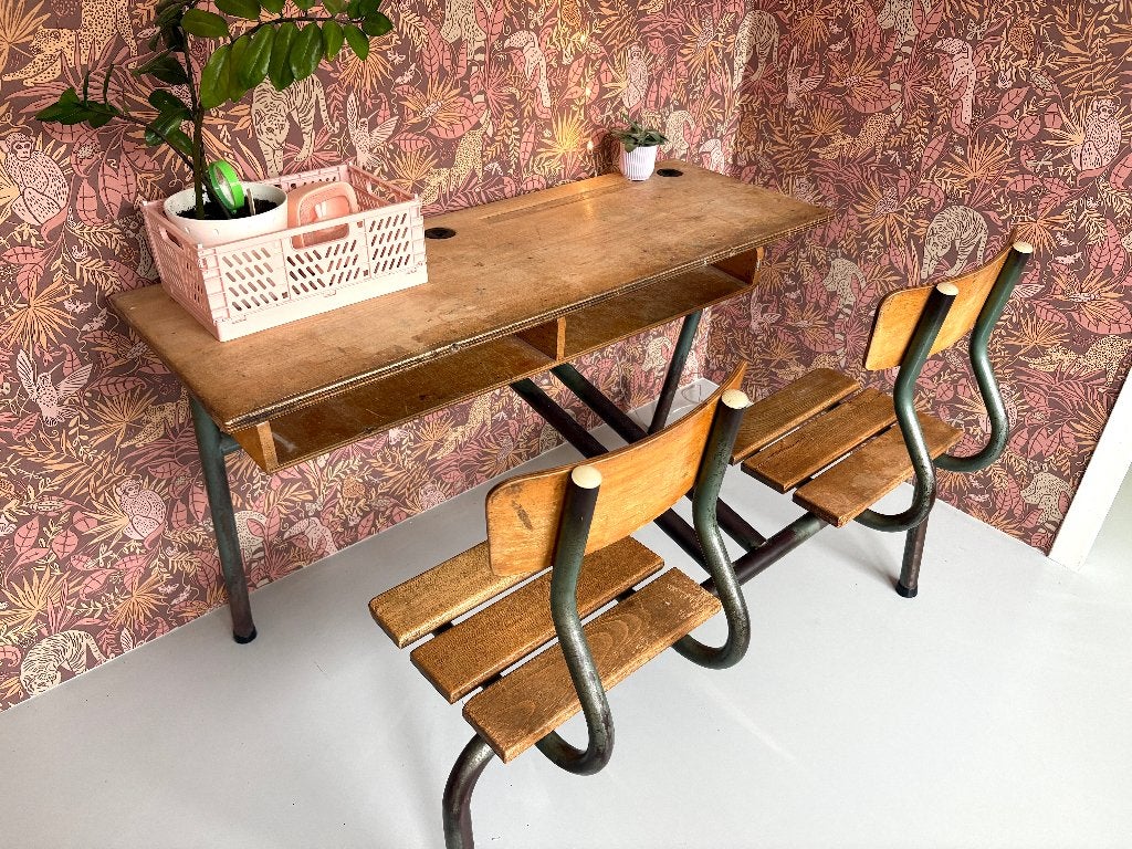 Vintage schoolbank met twee stoelen, Ophalen