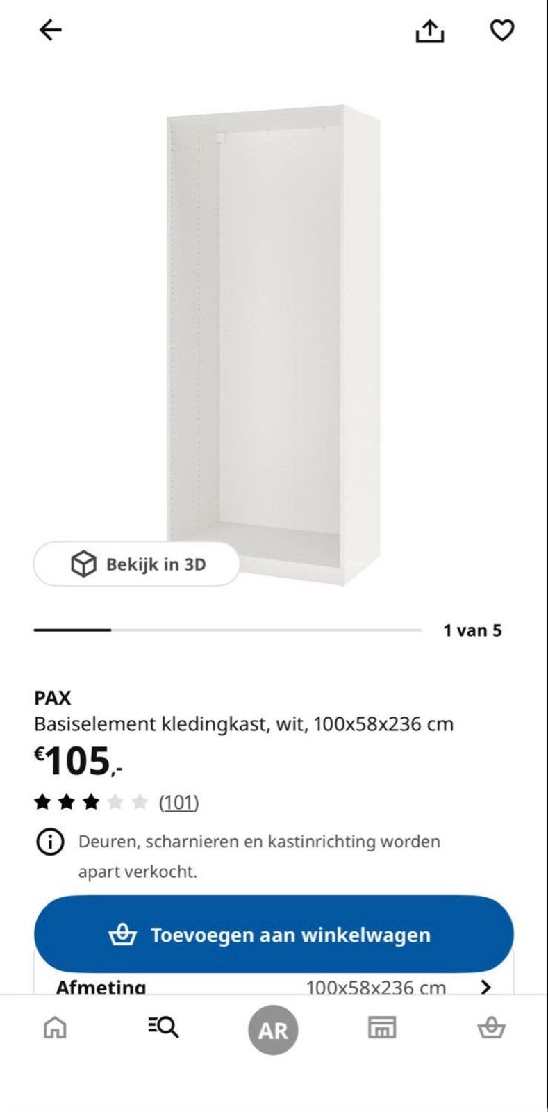 Witte IKEA PAX Basiselement Kledingkast 100x58x236 cm, Ophalen, 200 cm of meer, 50 tot 100 cm, Zo goed als nieuw