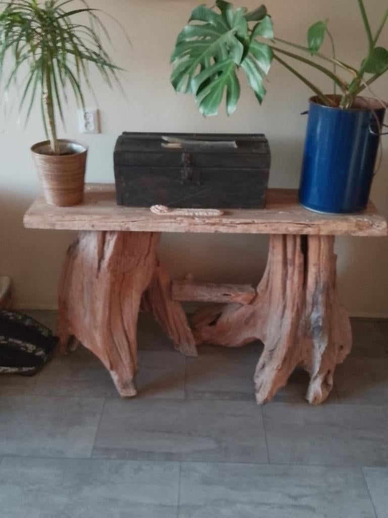 Unieke houten sidetable van boomwortels, Gebruikt, Rustiek, Landelijk, Natuurlijk, Tot twee personen, Ophalen of Verzenden