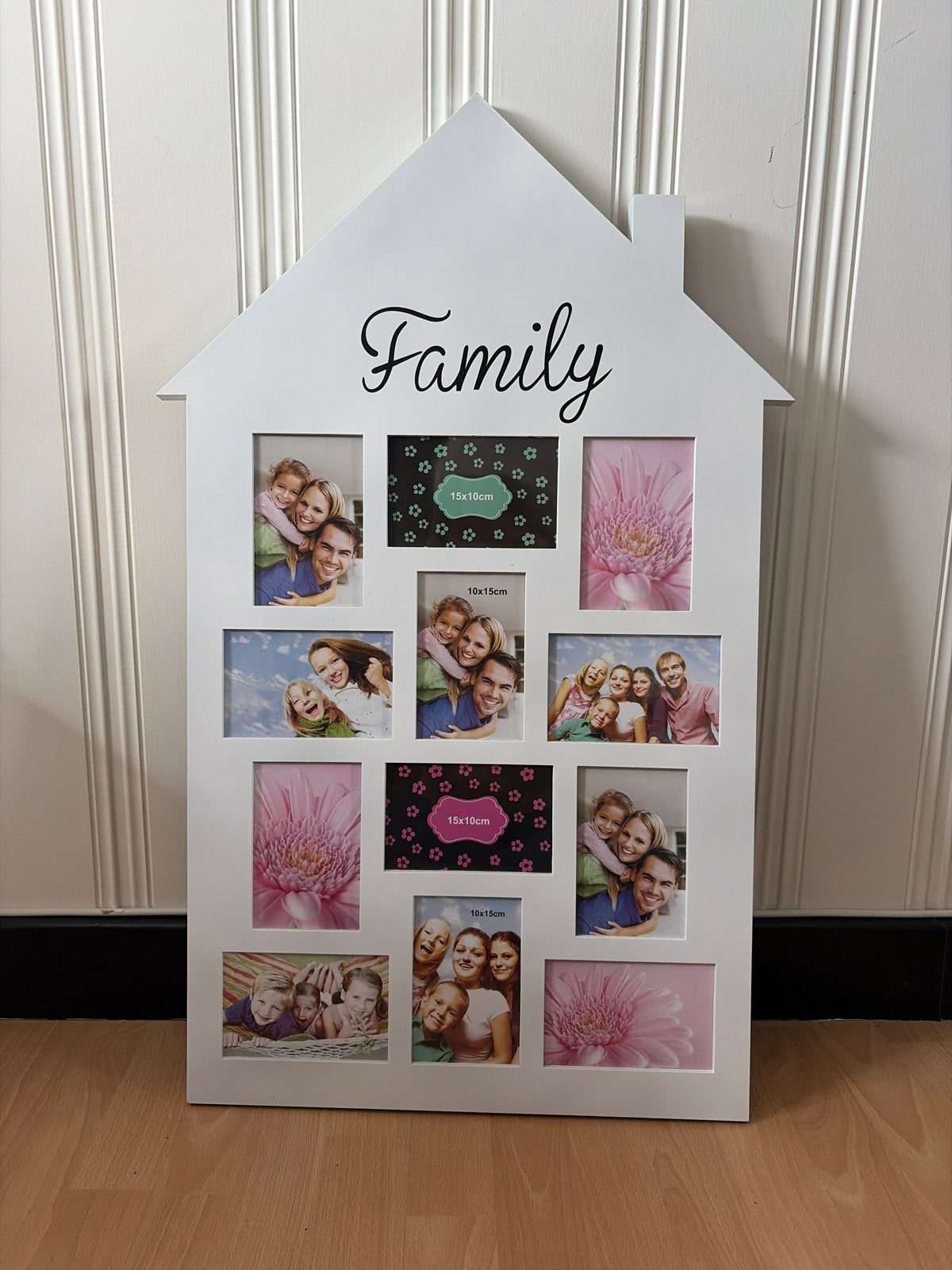 Witte fotolijst huisvormig 'Family' voor 10 foto's, Ophalen, Zo goed als nieuw, Hout