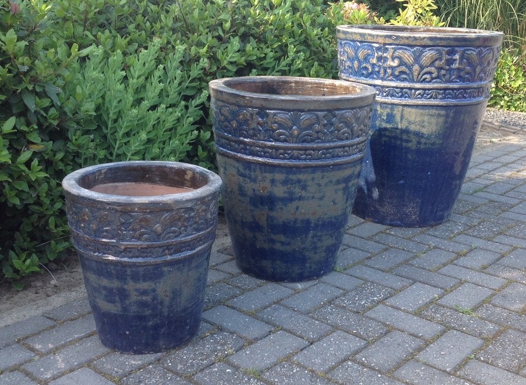 Geglazuurde pot tress bleu old look., Tuin en Terras, Ophalen, Overige materialen, Minder dan 60 cm, Rond